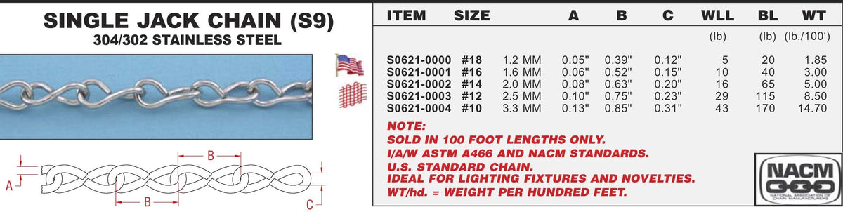 304 Stainless Steel Single Jack Chain #16 "S9" 1.6MM (S0621-0001)