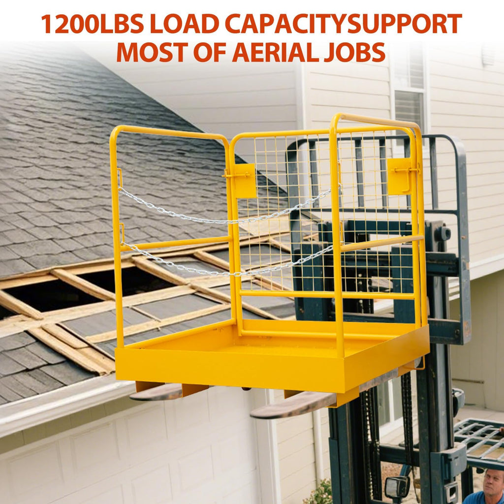 Forklift Man Basket, 36X36 Inches Forklift Safety Cage 1200 Lbs Capacity，Heavy Duty 2-Man Collapsible Work Platform with Lock & Safety Harness, Lift Basket for Telehandler, Aerial Work