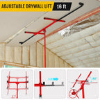 Heavy Duty 16FT Drywall Lift – 150 lbs Capacity Steel Sheetrock Hoist with Telescopic Adjustable Arm, Locking Wheels, One-Person Operation for Ceiling & Wall Installation, Red