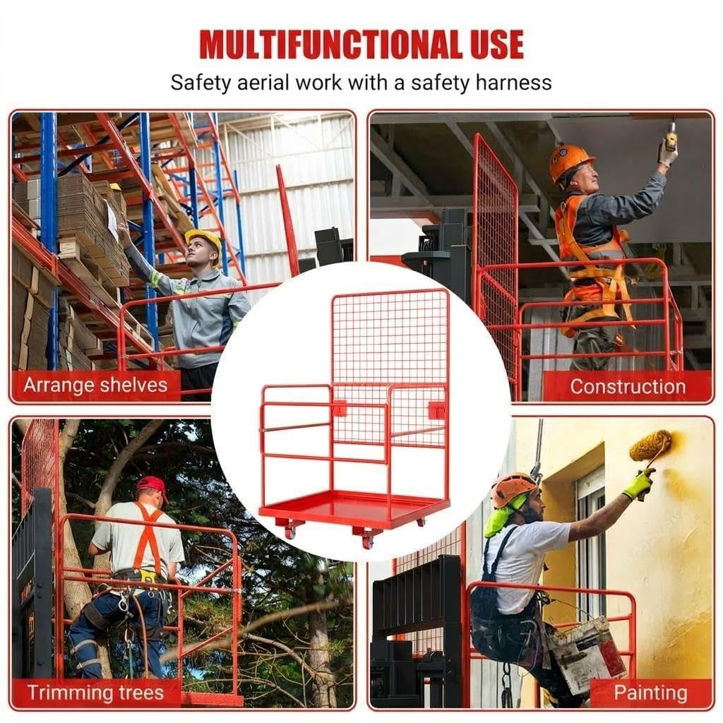 43"X45" Forklift Safety Cage, 1800Lbs Heavy-Duty Forklift Work Platform with Safety Harness,Wheels & Lock, Collapsible Lift Basket for Lifting Loader