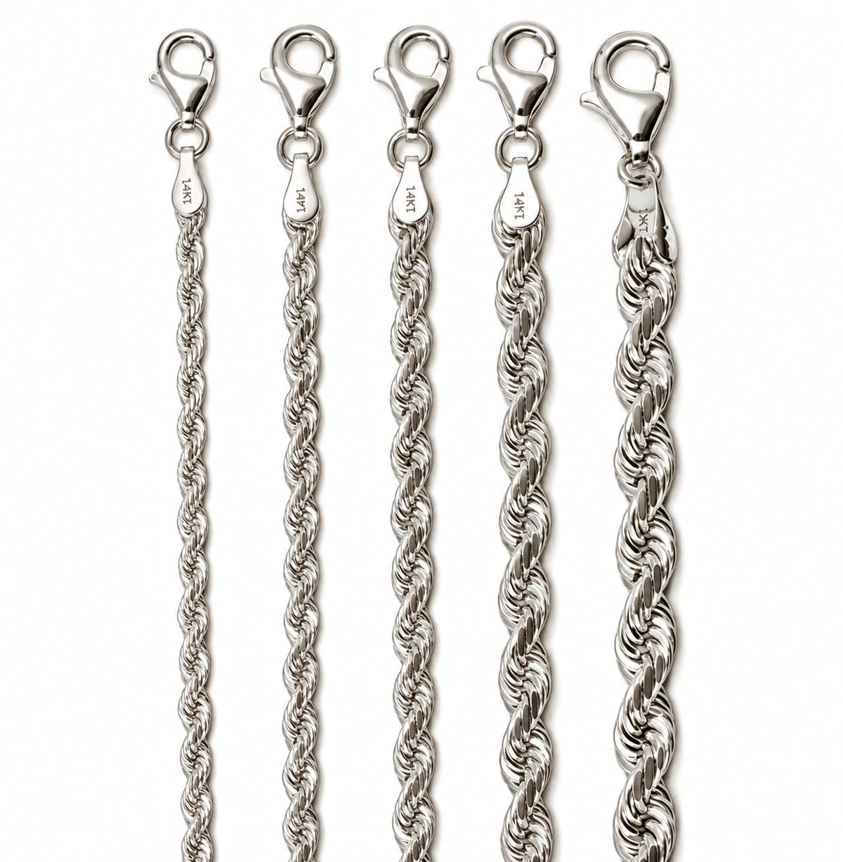 14K White Gold Rope Chain Necklace Bracelet Diamond Cut Real Gold 2mm-6mm 7"-30" | MADE IN ITALY