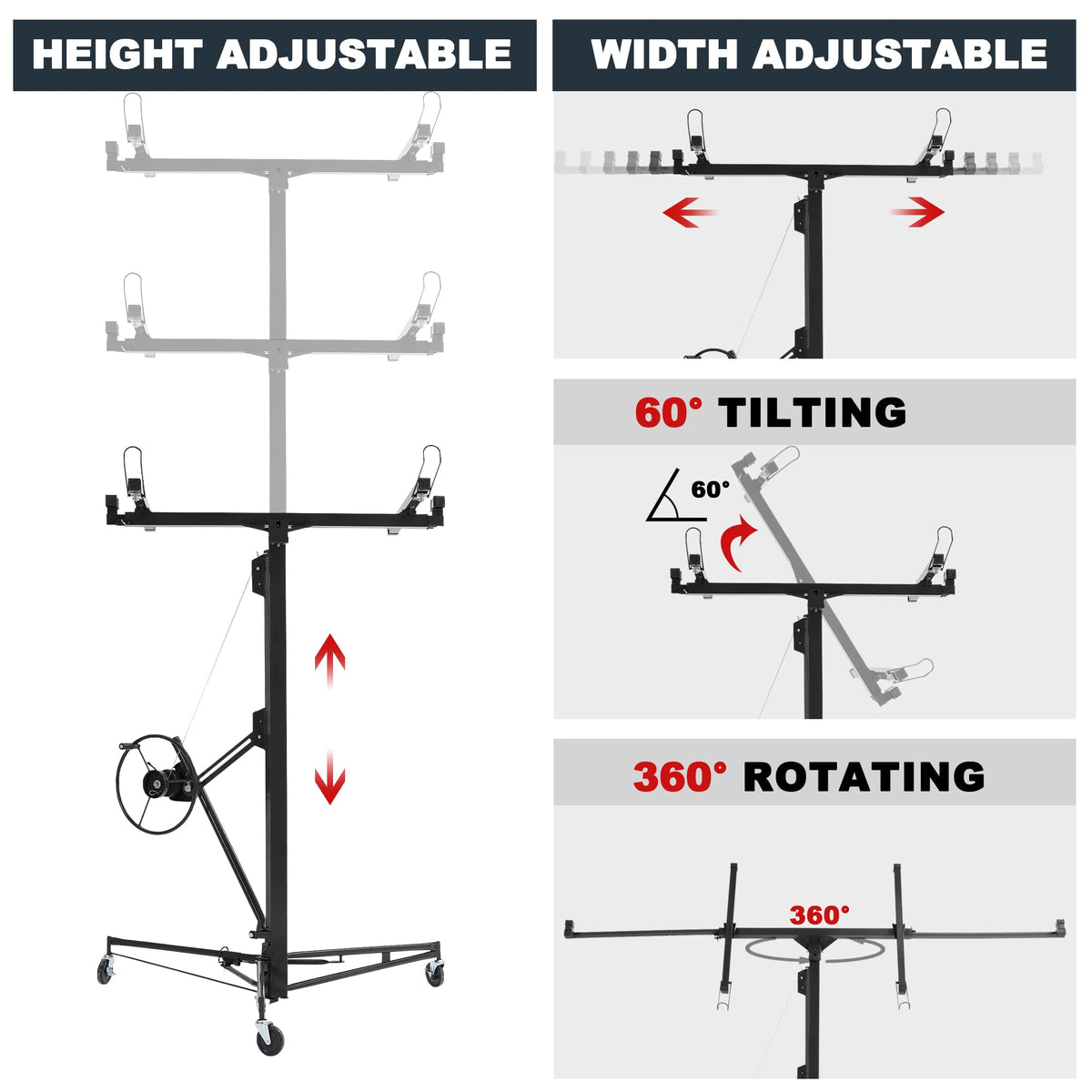 11FT Drywall Lift, 150LB Capacity Sheetrock Panel Hoist, Sheetrock Lifter tools with 3 Lockable Caster Wheels, 360° Rotatable Telescopic Arm for Ceiling Work (Black, 11FT)