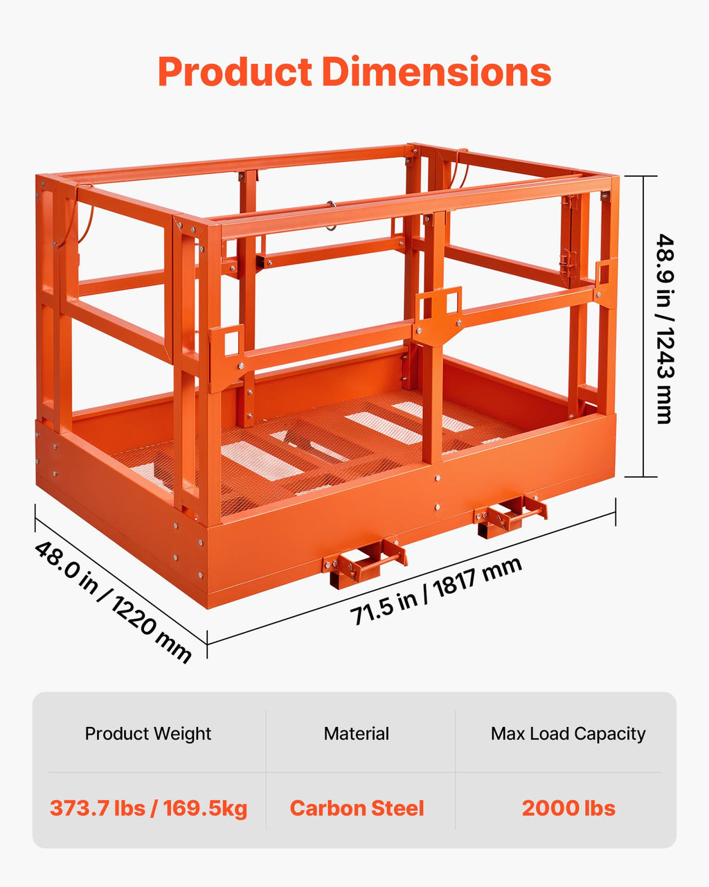 VEVOR Mesh Telehandler Work Platform, 48 x 73.9 Inch, Man Safety Basket, 2000 lbs Capacity, Forklift Telehandler Attachment, Safety Cage, Heavy Duty Carbon Steel, for Most Aerial Jobs Lifting Loader