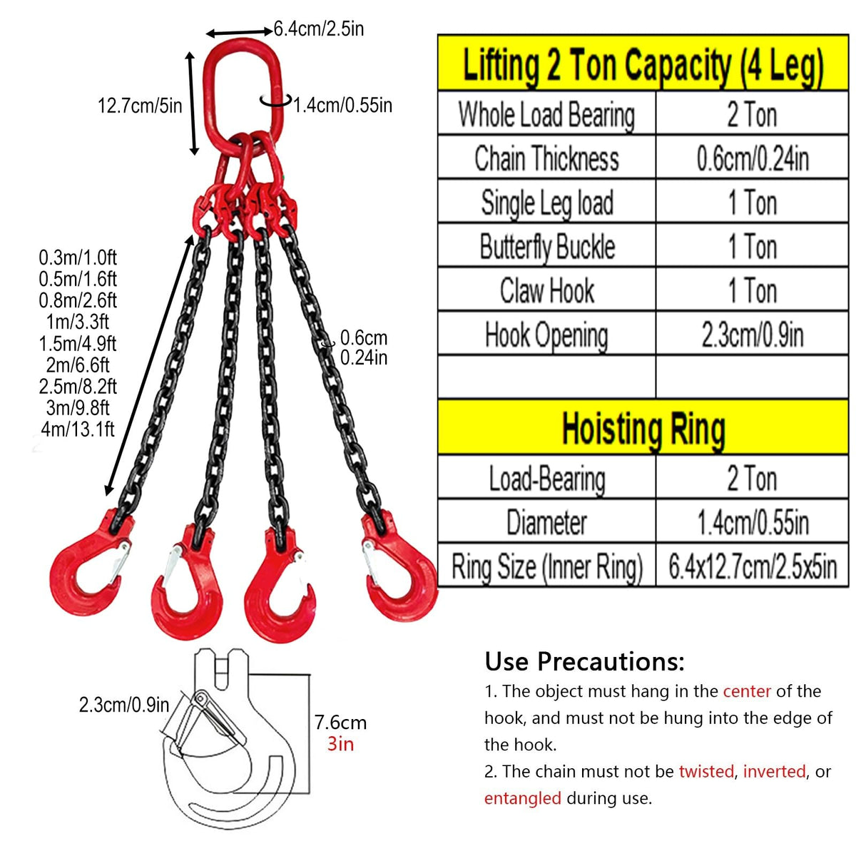 Lifting Chain with 4400lbs Load Capacity, Durable 4-Hook Design for Balanced Lifting, Ideal for Cranes and Heavy Load Handling