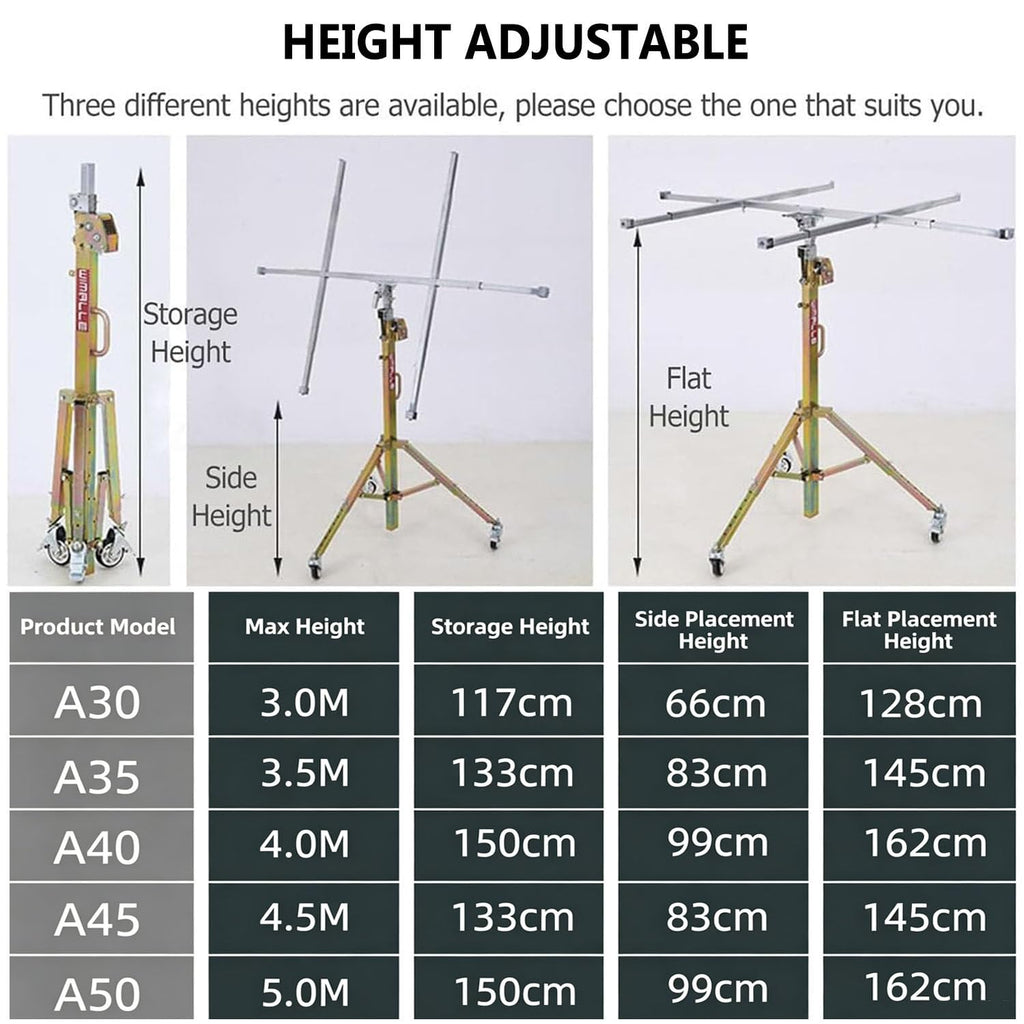 Plasterboard Lifter Hoist 80kg Capacity 4m, Lockable Wheel Drywall Lift 4m