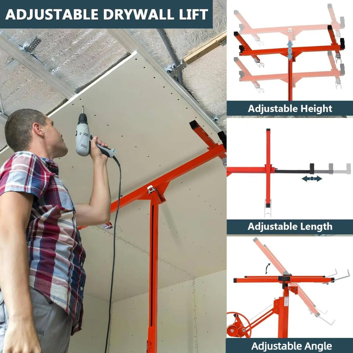 11 FT Drywall Lift Jack with Locking Casters, 150Lbs Capacity, Telescopic Hoist for Ceiling & Wall Sheetrock, Tool-Free Assembly, One Person Operation for Residential Use