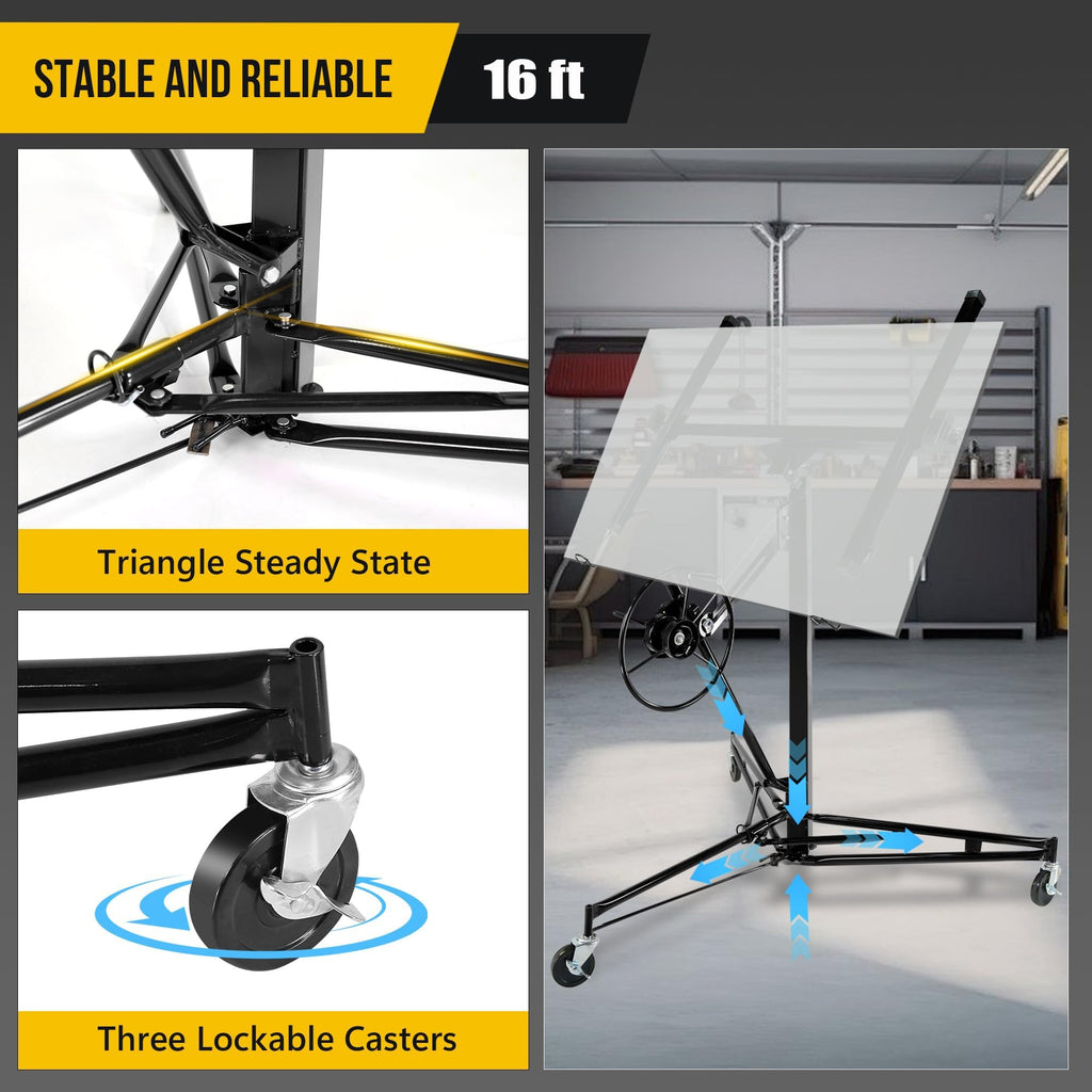 Heavy-Duty 16FT Drywall Lift, 150LB Capacity Sheetrock Hoist with 6.2-16FT Adjustable Height, 360° Swivel & Locking Casters – Steel Panel Lifter for Ceiling Installation, Black