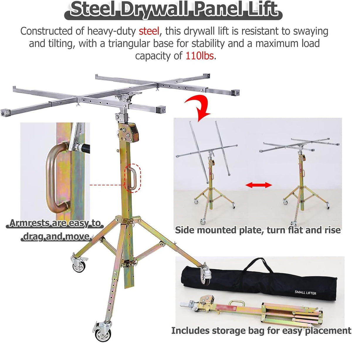 Sheetrock Hand Lift Drywall Lift w/360° Rotatable Wheels - Drywall Lift Panel 10' 11' 13' Lift Drywall Panel Hoist Jack - Heavy Duty Drywall Panel Lift Extension(Telescopic range 128~300cm)