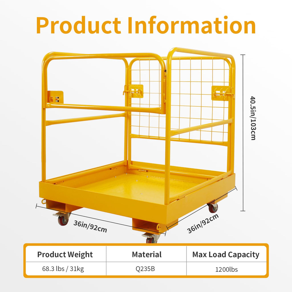 Forklift Safety Cage, 36"x36" Lift Basket, Heavy Duty Forklift Man Basket 1200LBS Capacity with 4 Wheels, Safety Set, Forklift Work Platform for Most Aerial Jobs