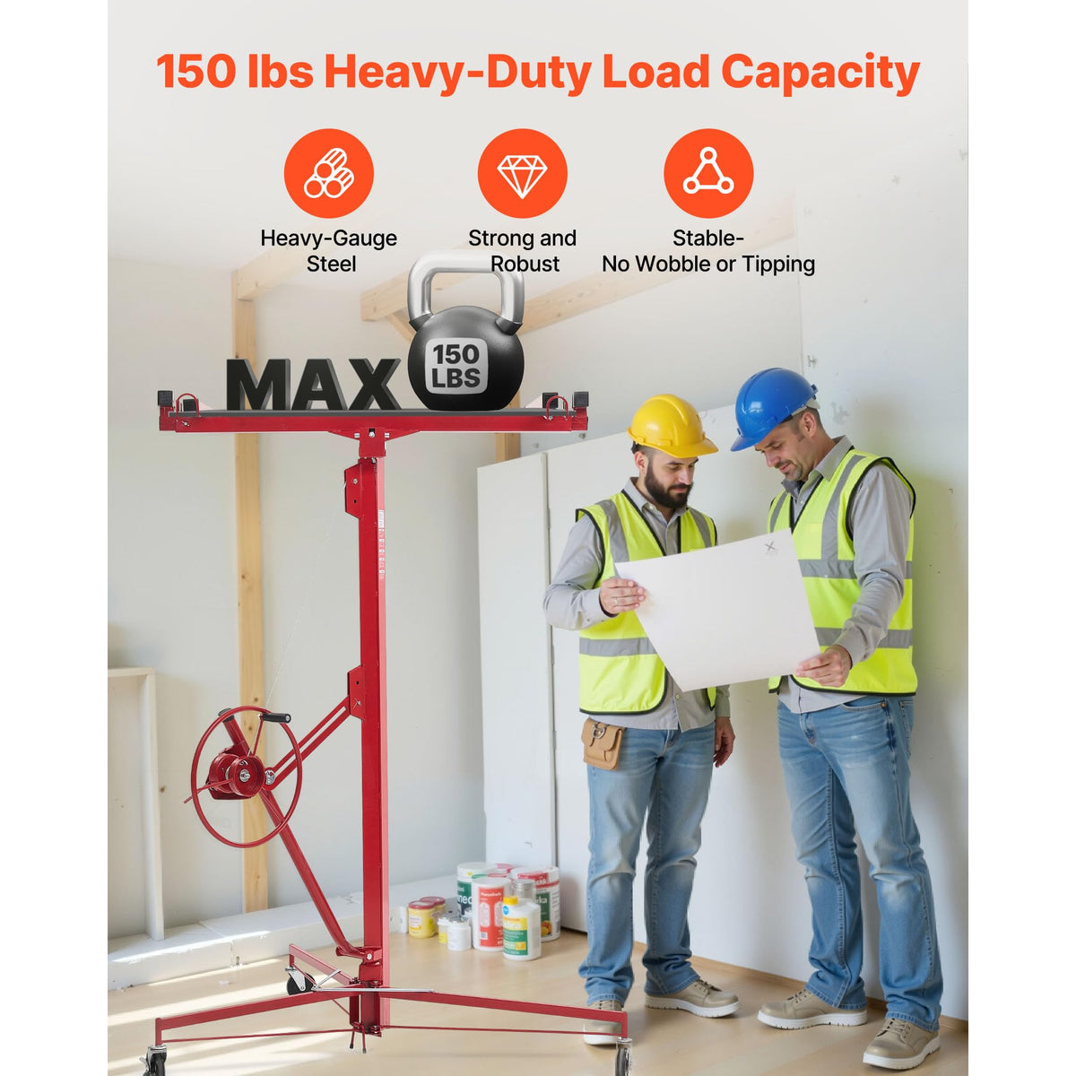 16ft Drywall Lift, Heavy-Duty 150 lbs Sheetrock Hoist with Adjustable Telescoping Arm, Lockable Wheels, Drywall Lifter Panel Jack Hoist Tools Ideal for Ceiling & Wall Installation (Red) 150 lbs Weig