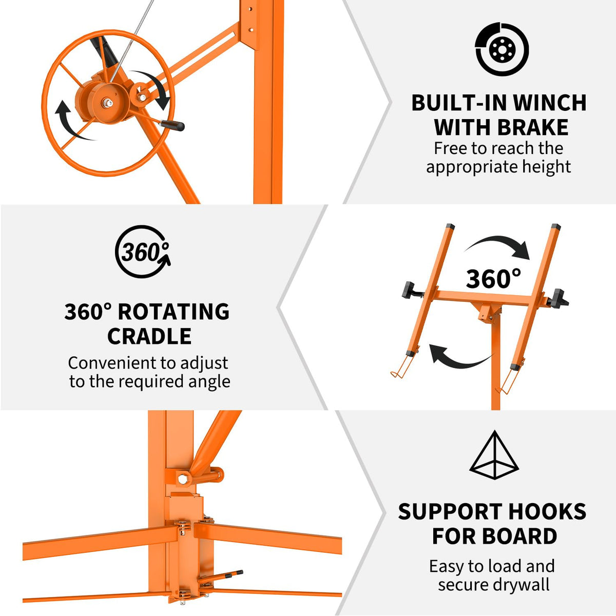 11FT Drywall Lift 150lb, 360 Swivel & 60 Tilt, Tool-Free, 3 Locking Casters