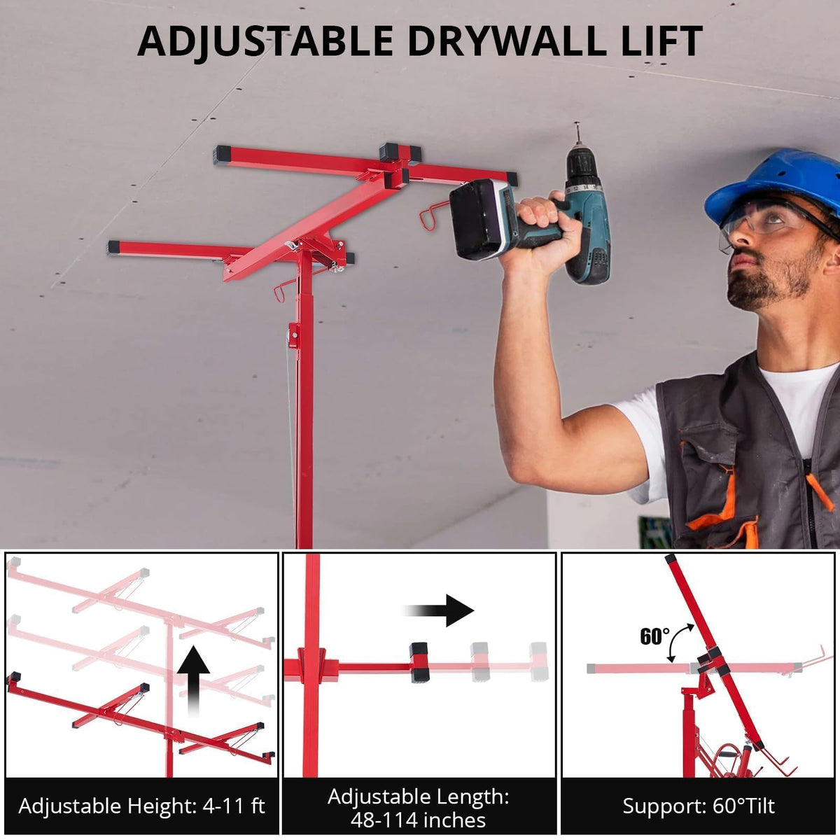 11 ft 150 lb Drywall Lift, Adjustable Red Sheetrock Panel Hoist