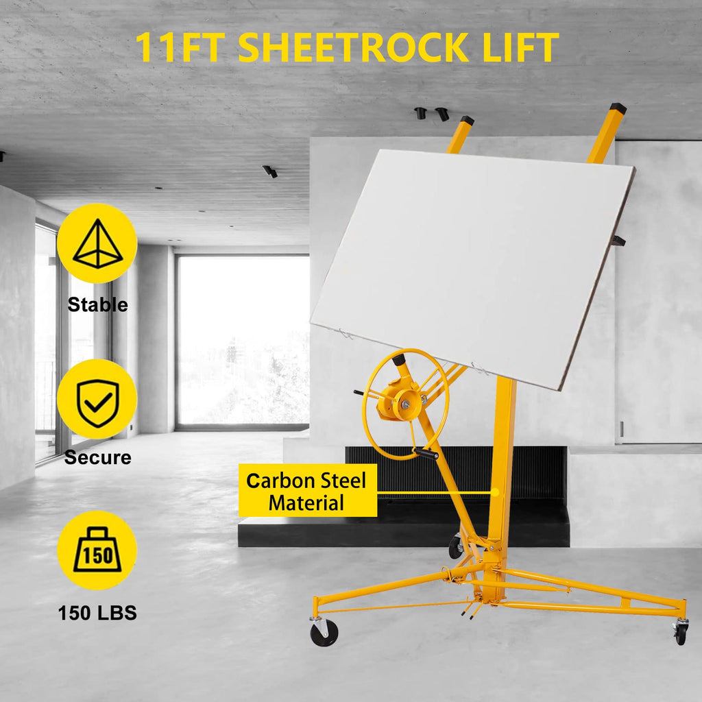 Drywall Lift, 11 FT Rolling Caster Lockable Jack Lifter Portable Panel Lift Construction Tools 150LB Heavy Duty Sheetrock Hoist Holder Suitable for Home and Commercial Use, Yellow