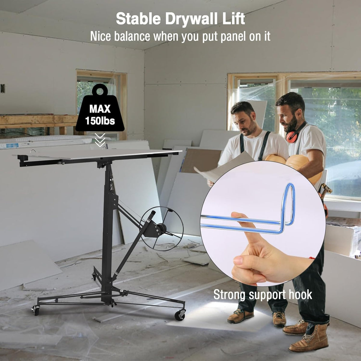 Drywall Lift 11FT – Drywall Lifter Panel Jack, 150LBS Heavy Duty Sheetrock Hoist with 360° Adjustable Telescopic Arm & Wheels (Black)