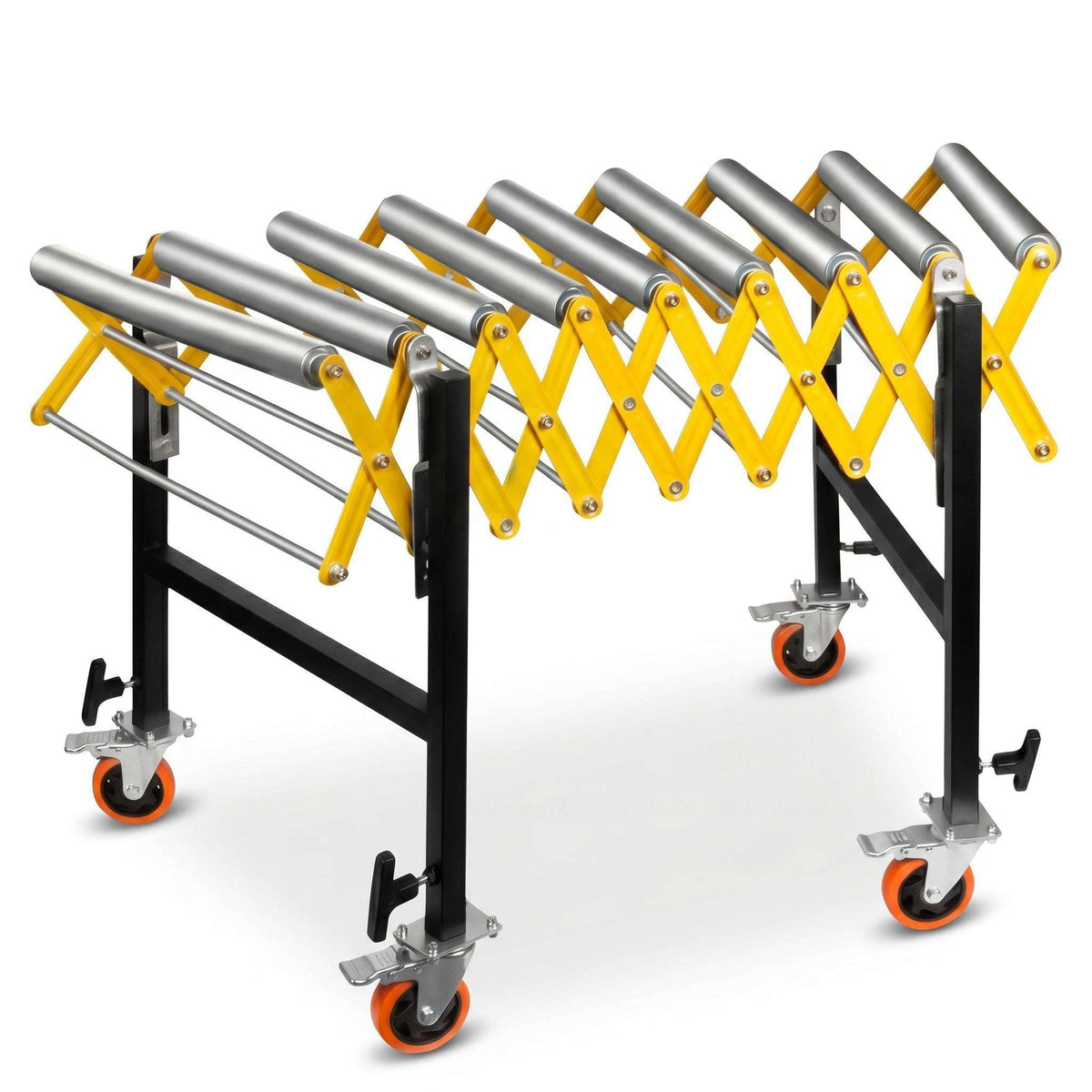 Roller Stand for Table Saw, Adjustable Conveyor with 9 Rollers. Length 23.6-50 in, Height 30-50 in. 660 Lbs Capacity. Tilt 30-50°. Built-in Hooks to Connect Multiple Units. for Woodworking Shops.