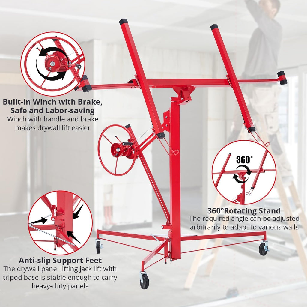 11 ft 150 lb Drywall Lift, Adjustable Red Sheetrock Panel Hoist