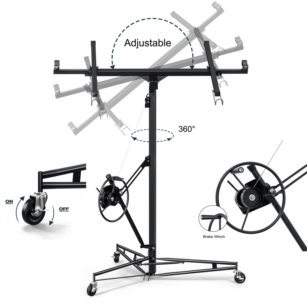 16FT Drywall Lifter Sheetrock Lift, 150 Lbs Capacity Heavy Duty Drywall Lift Panel with 3 Lockable Wheels & 360° Adjustable Telescopic Arm, Drywall Jack Lift for Home Improvement,