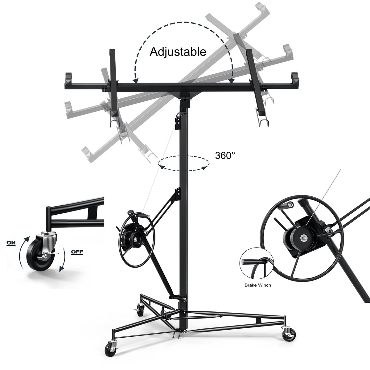 16FT Drywall Lifter Sheetrock Lift, 150 Lbs Capacity Heavy Duty Drywall Lift Panel with 3 Lockable Wheels & 360° Adjustable Telescopic Arm, Drywall Jack Lift for Home Improvement,
