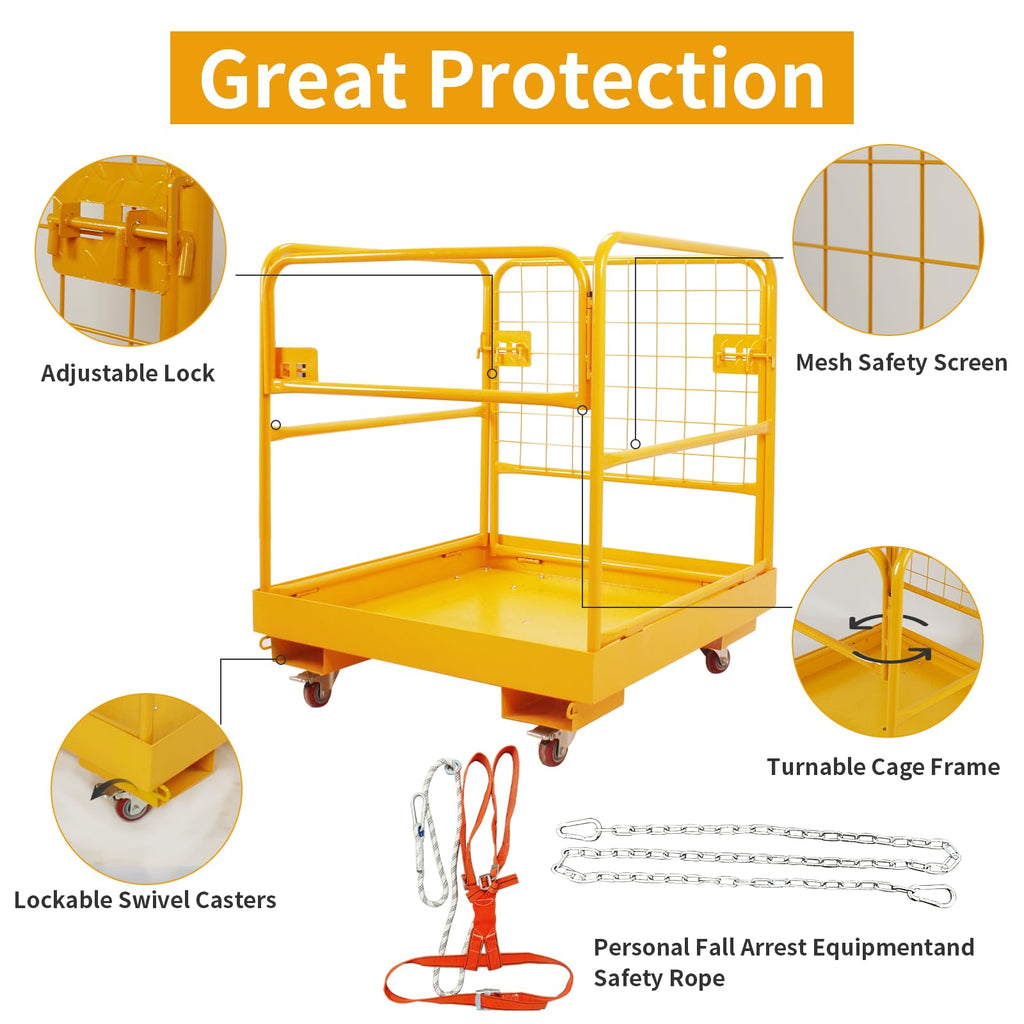 Forklift Safety Cage, 36"x36" inch Lift Basket, Heavy Duty Forklift Man Basket 1200LBS Capacity with 4 Wheels, Safety Set, Forklift Work Platform for Most Aerial Jobs