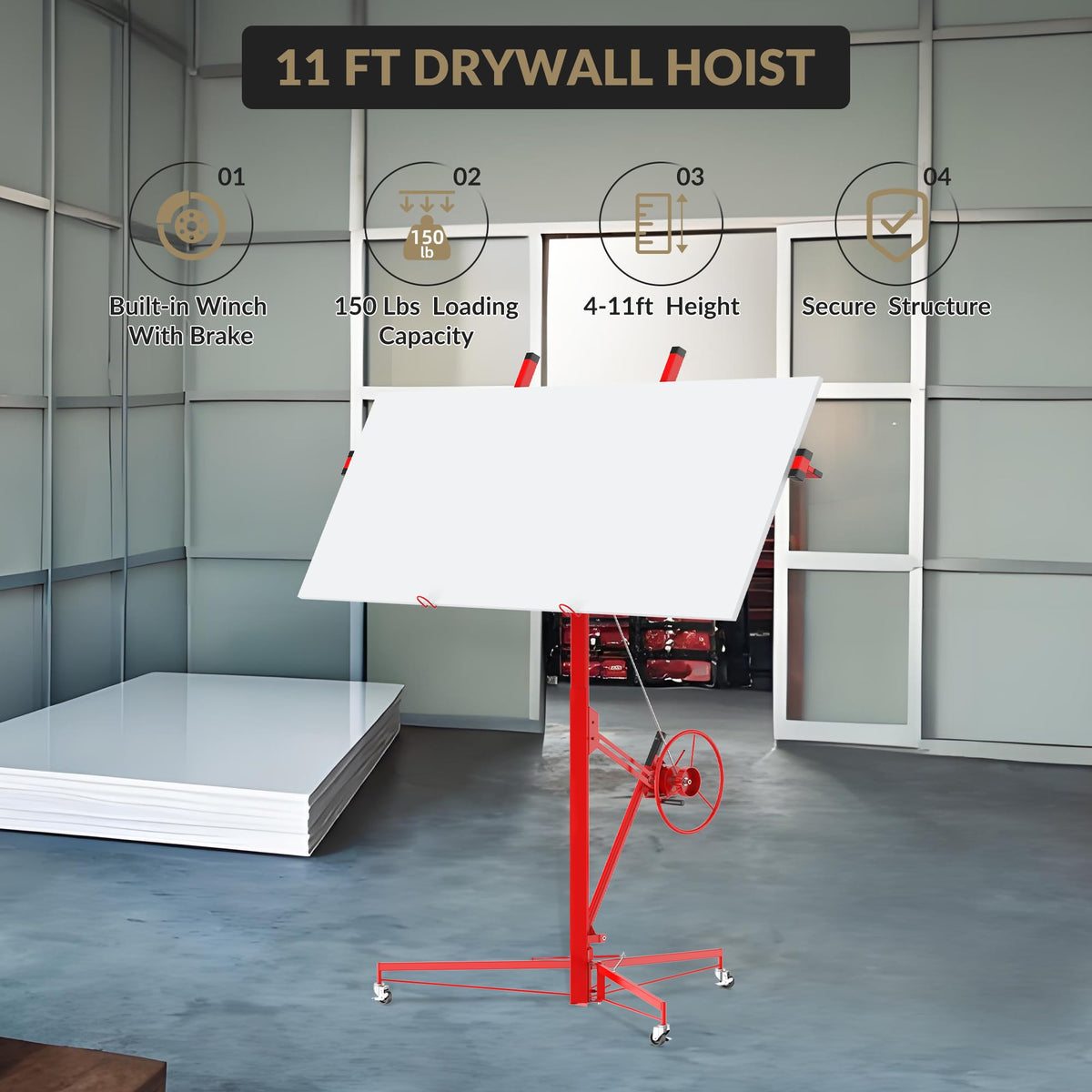 16ft Drywall Lifter Panel Hoist with Wheels,150 LBS Capacity