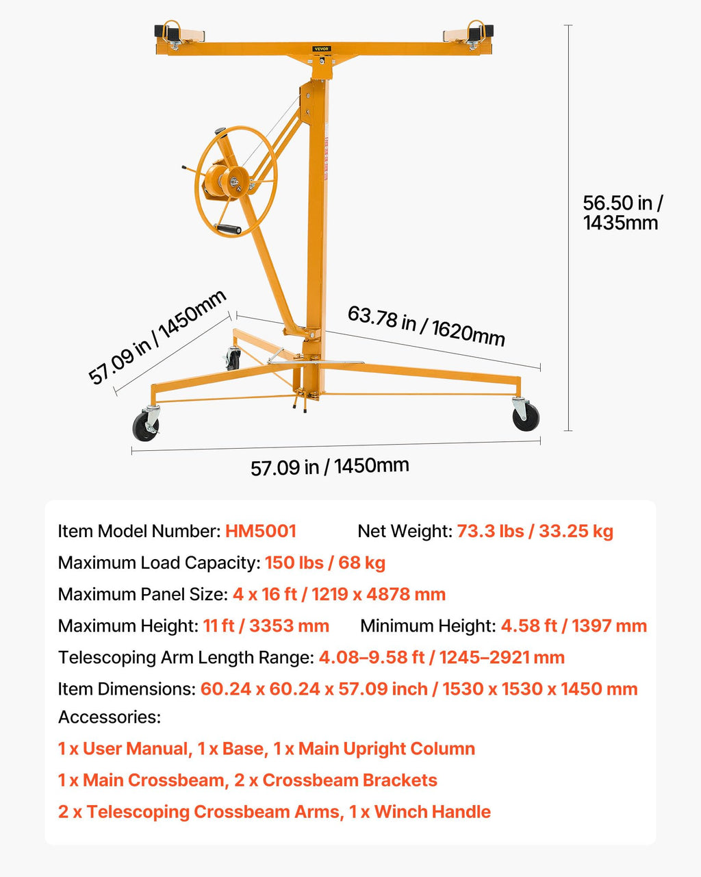 VEVOR 11ft Drywall Lift Heavy-Duty 150 lbs Mobile Sheetrock Hoist Yellow