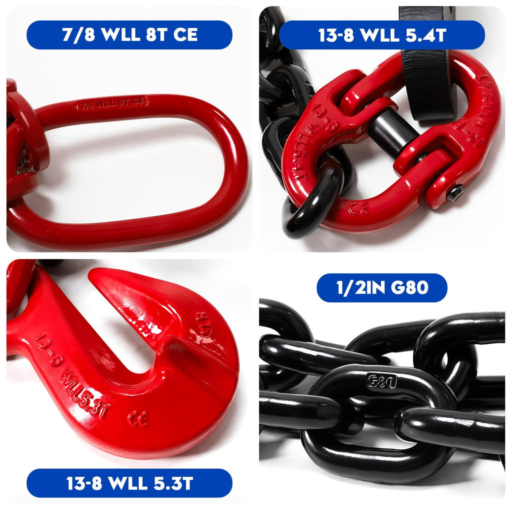 Bundle - 1/2" x 5' G80 Shipping Container Loading Chain with 2 Pack Bridle Hooks & Butterfly Clamps, Heavy Duty Cargo Securing Tie Down for Container Freight