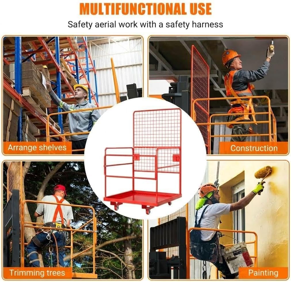 Garvee Industrial Steel Forklift Safety Cage – 1,400 lbs Capacity Man Basket with Collapsible Platform, Guardrails, Safety Harness & Wheels – Heavy-Duty Facility Barrier
