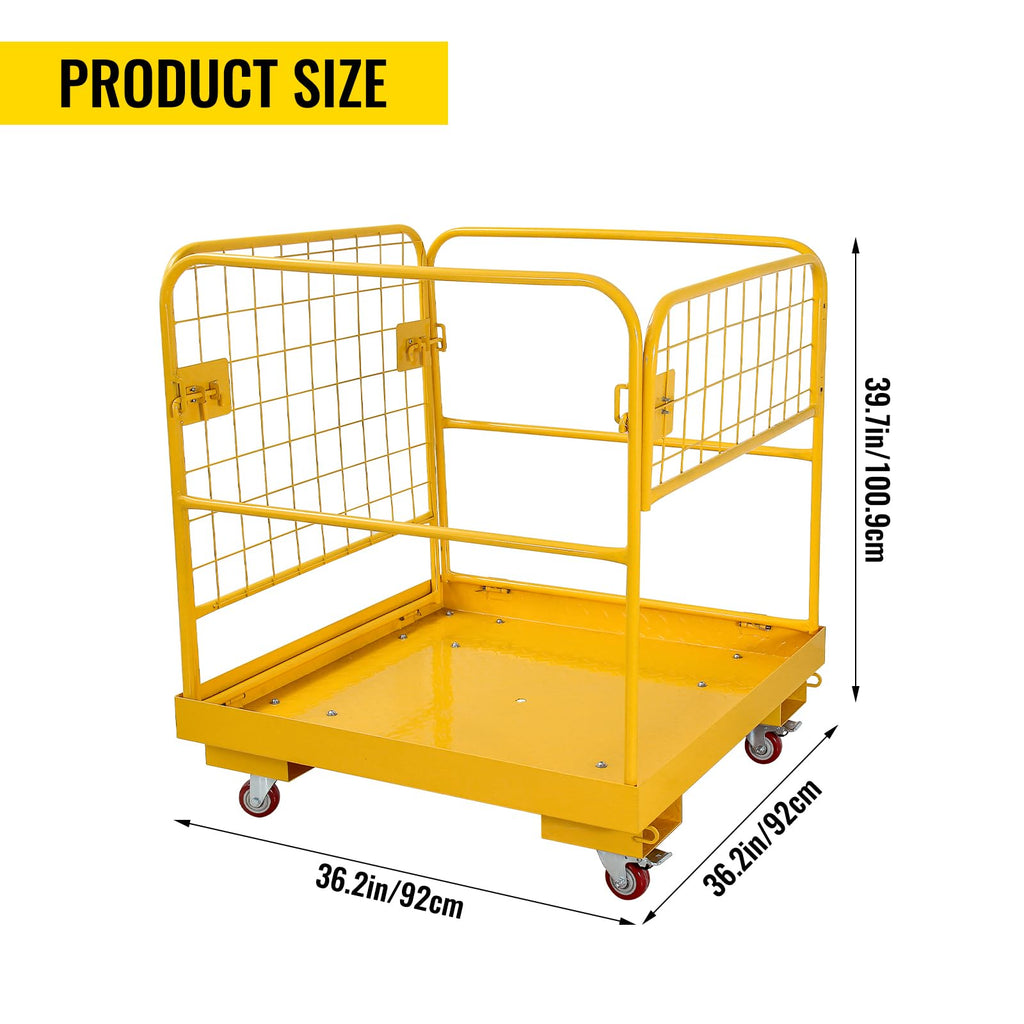 Forklift Safety Cage 36''x36'' Heavy Duty Steel Forklift Work Platform 1150LBS Capacity with 4 Universal Wheels Collapsible Lift Basket Aerial Rails Aerial Platform, Yellow