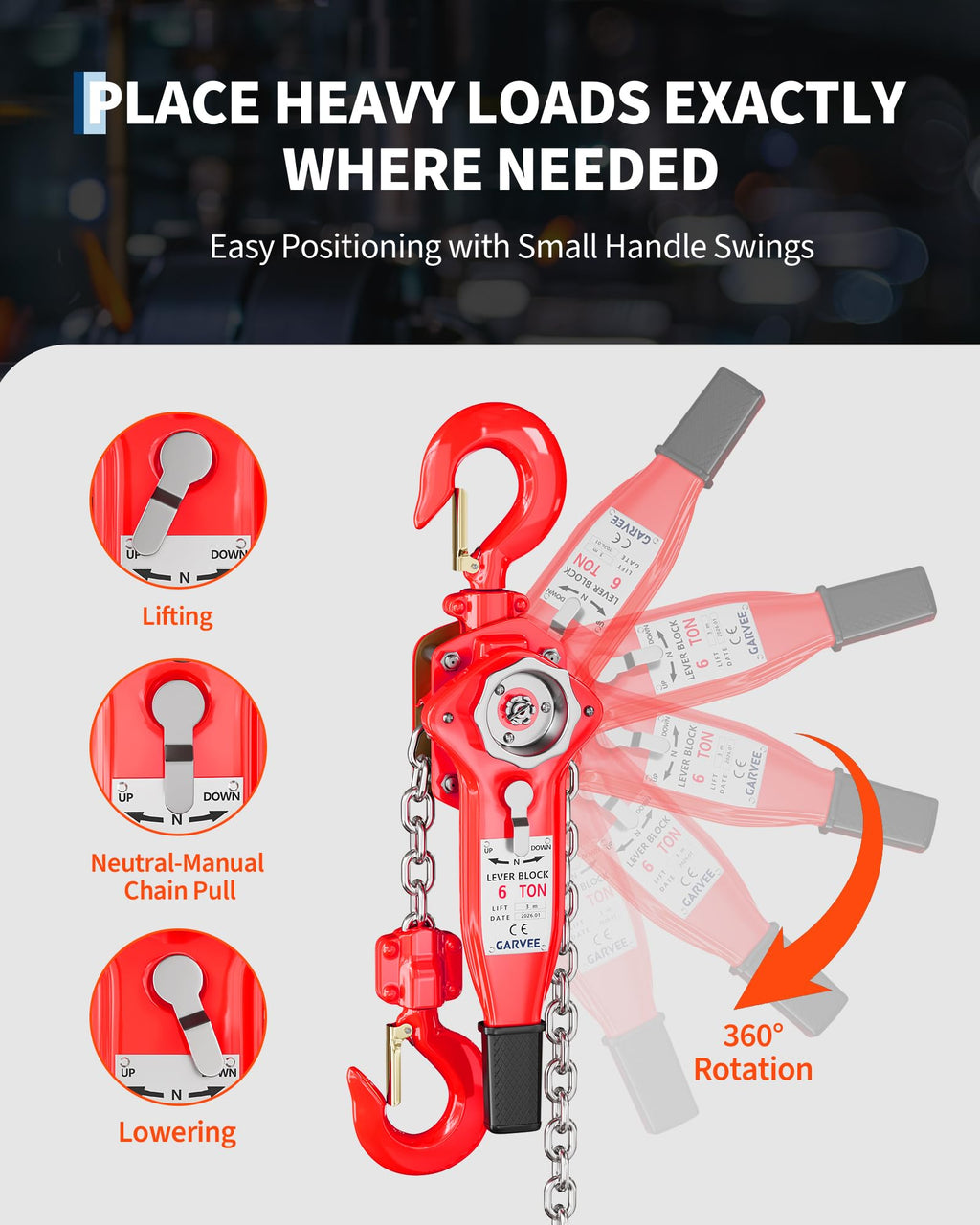 Lever Chain Hoist 6 Ton 13200 LBS 10FT, Manual Ratchet Chain Puller Come Along, Heavy Duty G80 Steel with 360° Swivel Hooks for Garage Warehouse Construction Lifting