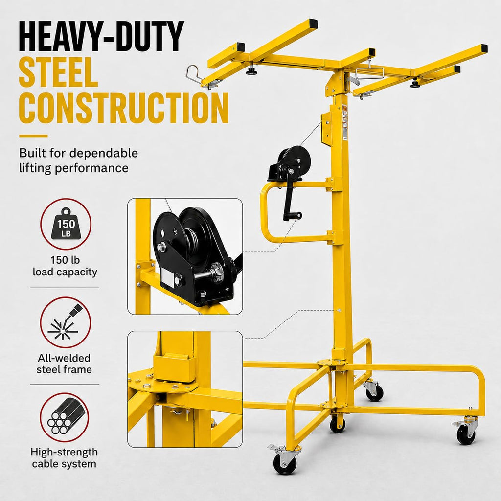 16FT Drywall Lift Sheetrock Lift, 150LBS Drywall Lift Panel Hoist with 4 Lockable Wheels for Ceiling, Drywall Rolling Lifter Panel, Drywall Jack Lift for Home & Commercial Use, Yellow