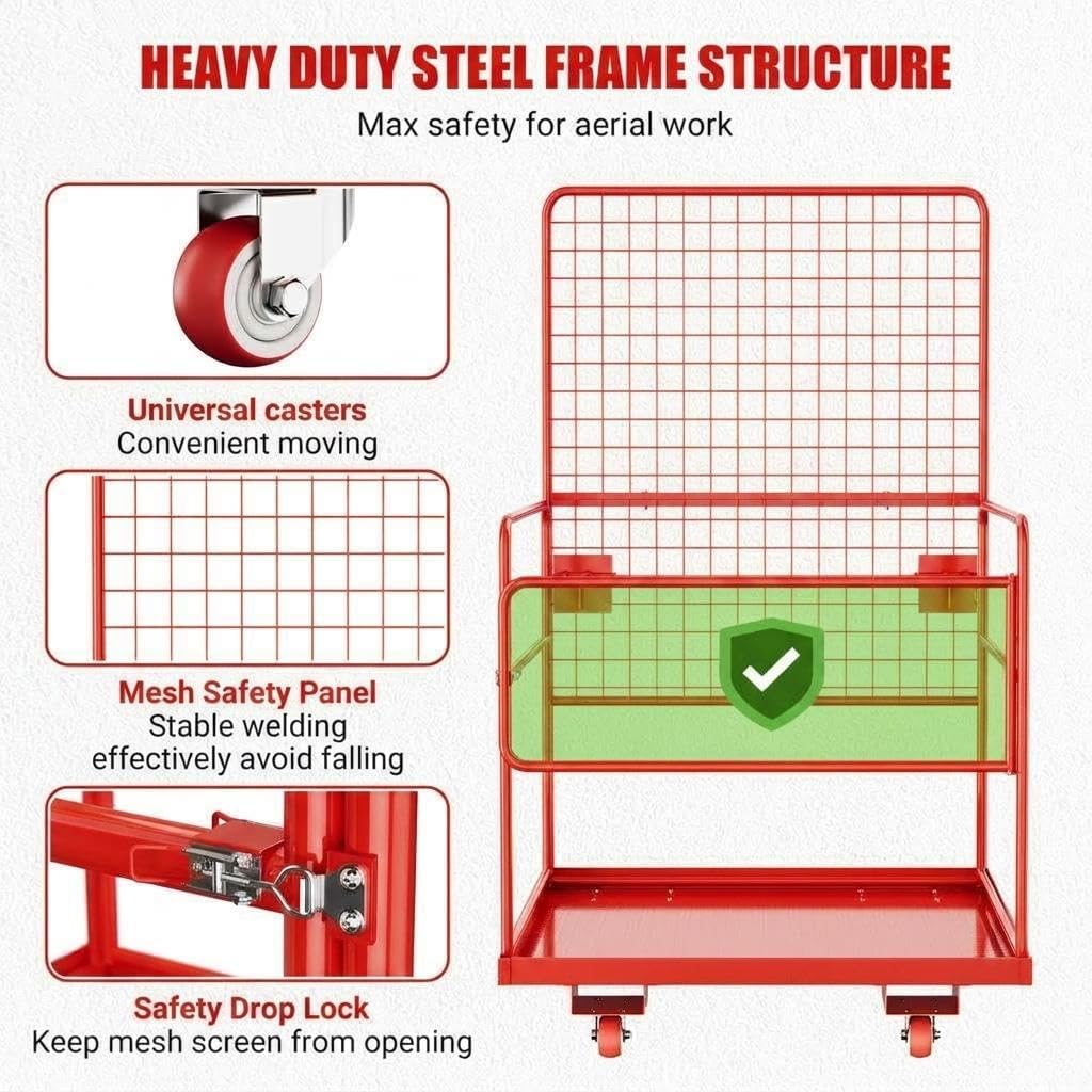 43"X45" Forklift Safety Cage, 1800Lbs Heavy-Duty Forklift Work Platform with Safety Harness,Wheels & Lock, Collapsible Lift Basket for Lifting Loader