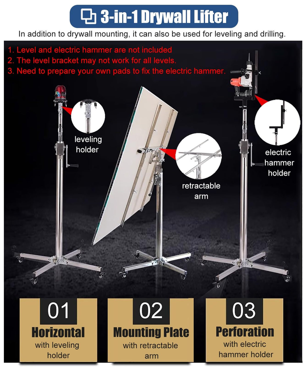 ZIMGOD Sheetrock Lifting Tool Stainless Steel Drywall Hoist, Dry Wall Jack Lifter Hand Tool, Foldable Drywall Lifting Tools with Wheel, Max 9 10.5 12 13 Ft(Max Height 3.2m/10.5ft)