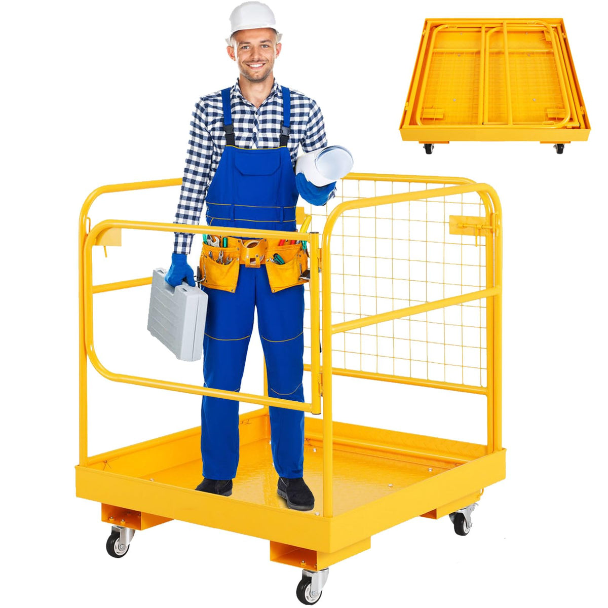 Foldable Forklift Safety Cage, 36" x 36" Forklift Work Platform with Lockable Swivel Wheels & Device Chain, 1200lbs Capacity Heavy Duty Steel Man Basket with Drain Hole for Aerial Work