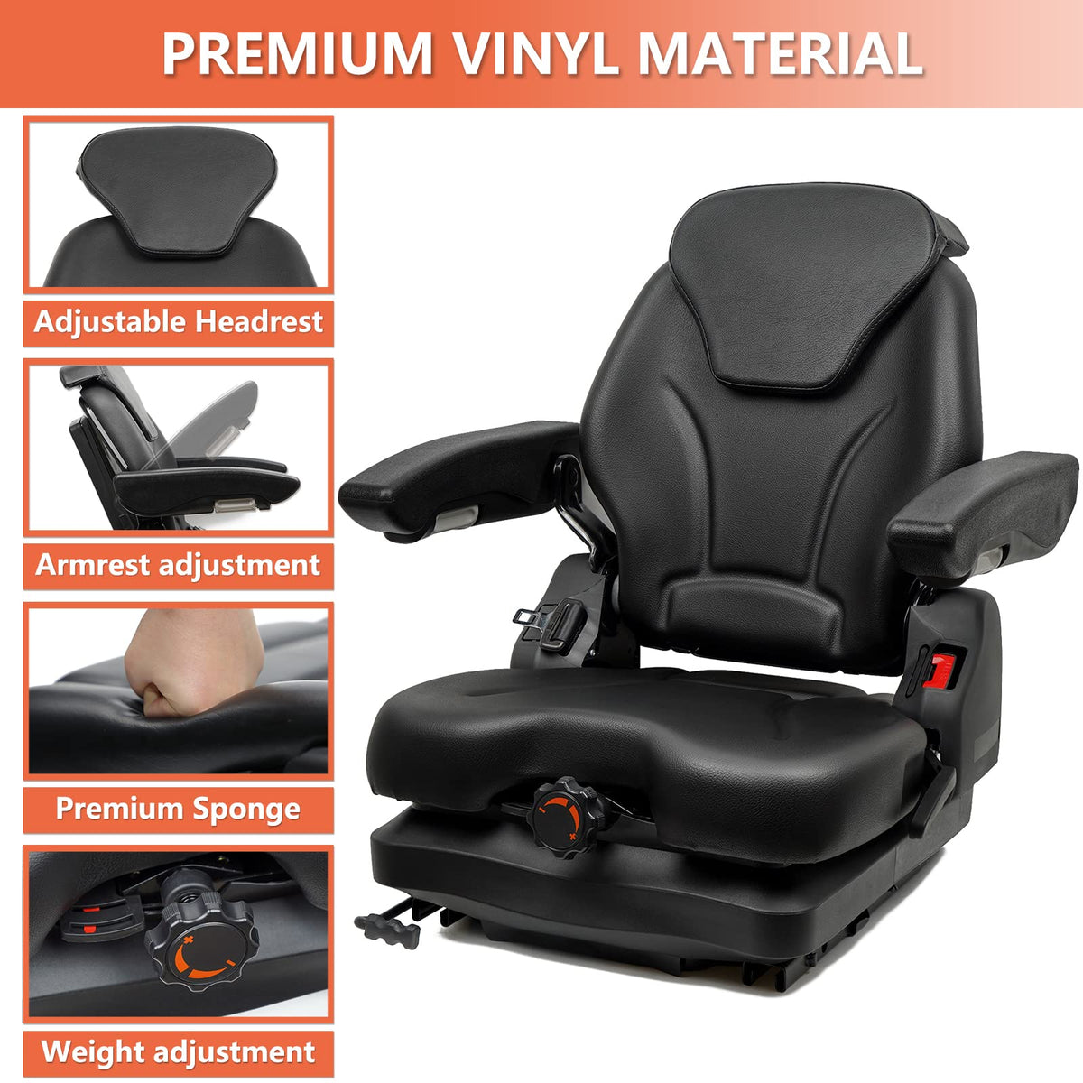 Tractor Suspension Seat, Fold Down Forklift seat with Adjustable Angle Back, Micro Switch, Seatbelt and Armrests, Highback Low Suspension Heavy Duty for Tractor Mower Excavator Harvester