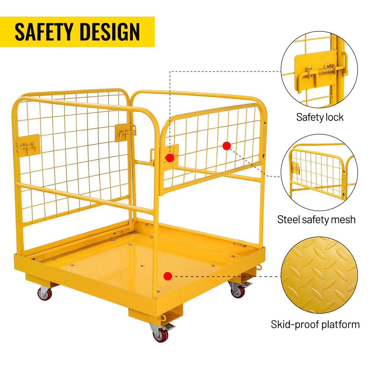 Forklift Safety Cage 36''x36'' Heavy Duty Steel Forklift Work Platform 1150LBS Capacity with 4 Universal Wheels Collapsible Lift Basket Aerial Rails Aerial Platform, Yellow
