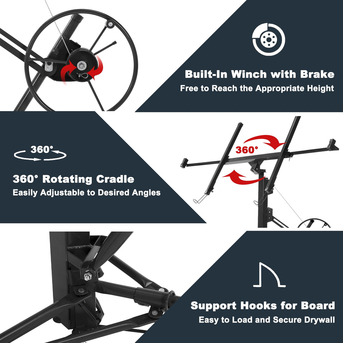 11FT Drywall Lift, 150LB Capacity Sheetrock Panel Hoist, Sheetrock Lifter tools with 3 Lockable Caster Wheels, 360° Rotatable Telescopic Arm for Ceiling Work (Black, 11FT)