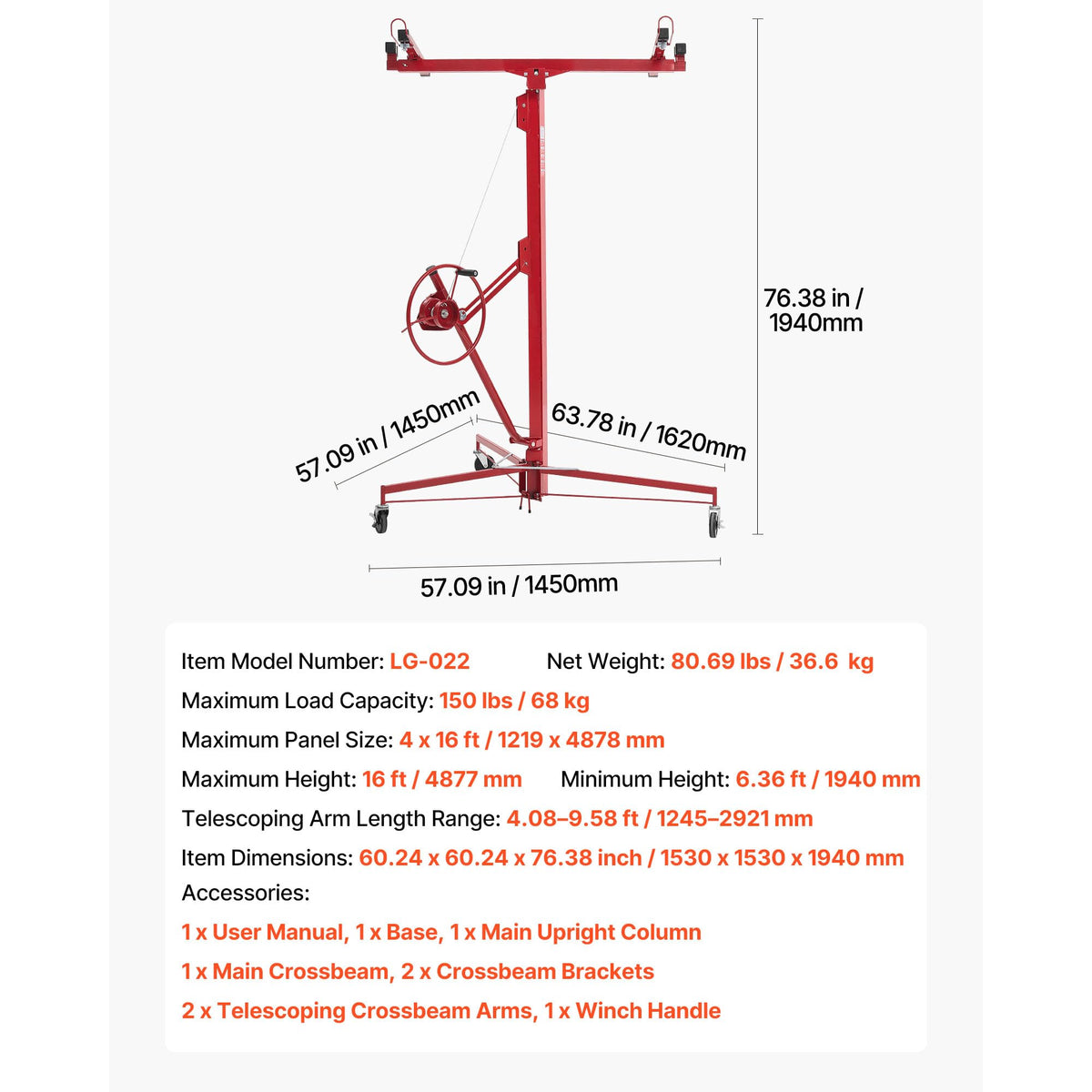 16ft Drywall Lift, Heavy-Duty 150 lbs Sheetrock Hoist with Adjustable Telescoping Arm, Lockable Wheels, Drywall Lifter Panel Jack Hoist Tools Ideal for Ceiling & Wall Installation (Red) 150 lbs Weig