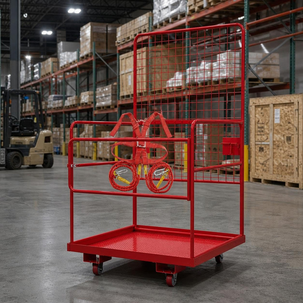 Garvee Industrial Steel Forklift Safety Cage – 1,400 lbs Capacity Man Basket with Collapsible Platform, Guardrails, Safety Harness & Wheels – Heavy-Duty Facility Barrier