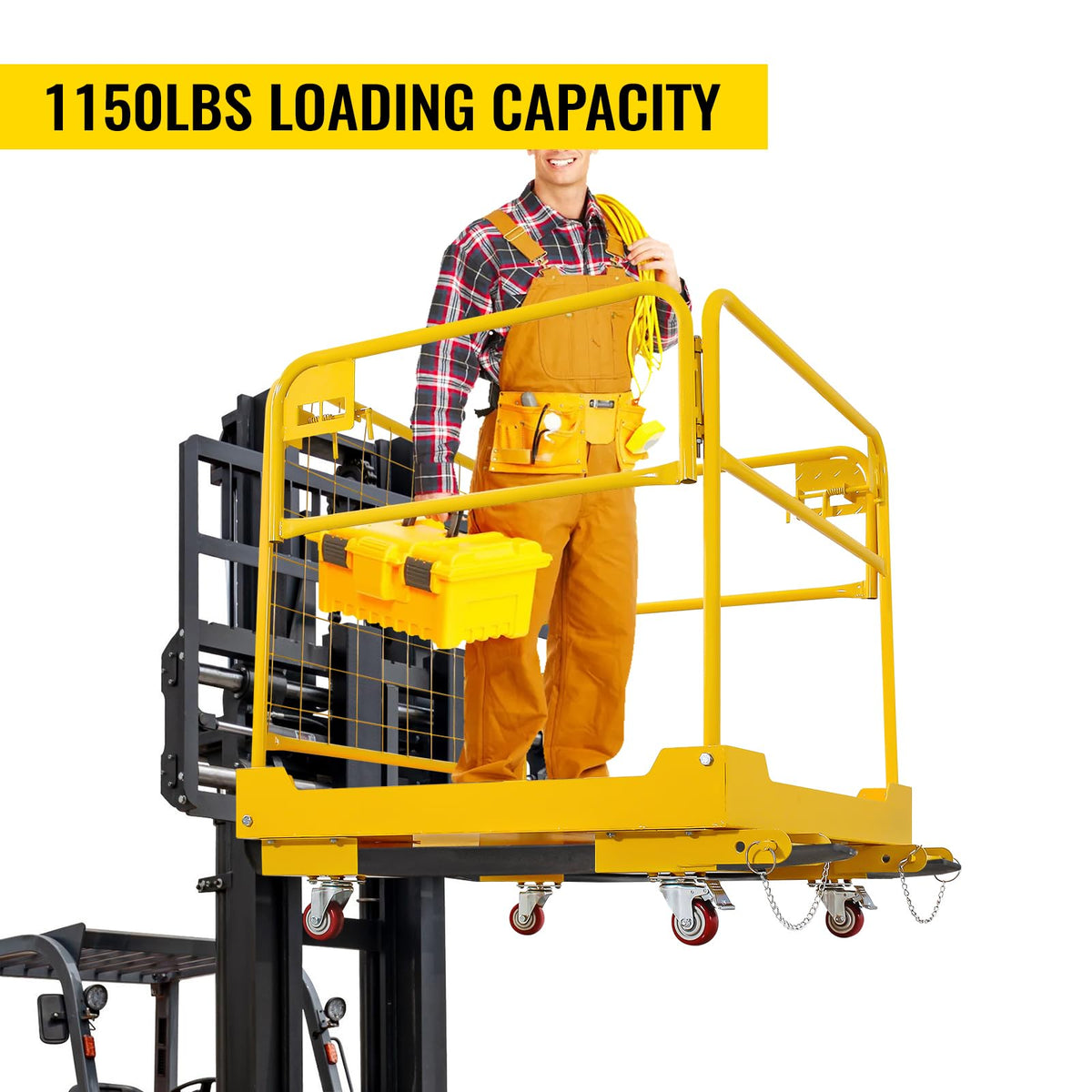 Forklift Safety Cage 36 x 36 inches, 1200 lbs Capacity Man Basket, Folding Work Platform with 4 Wheels, Collapsible Cage Lift Basket for Aerial Jobs