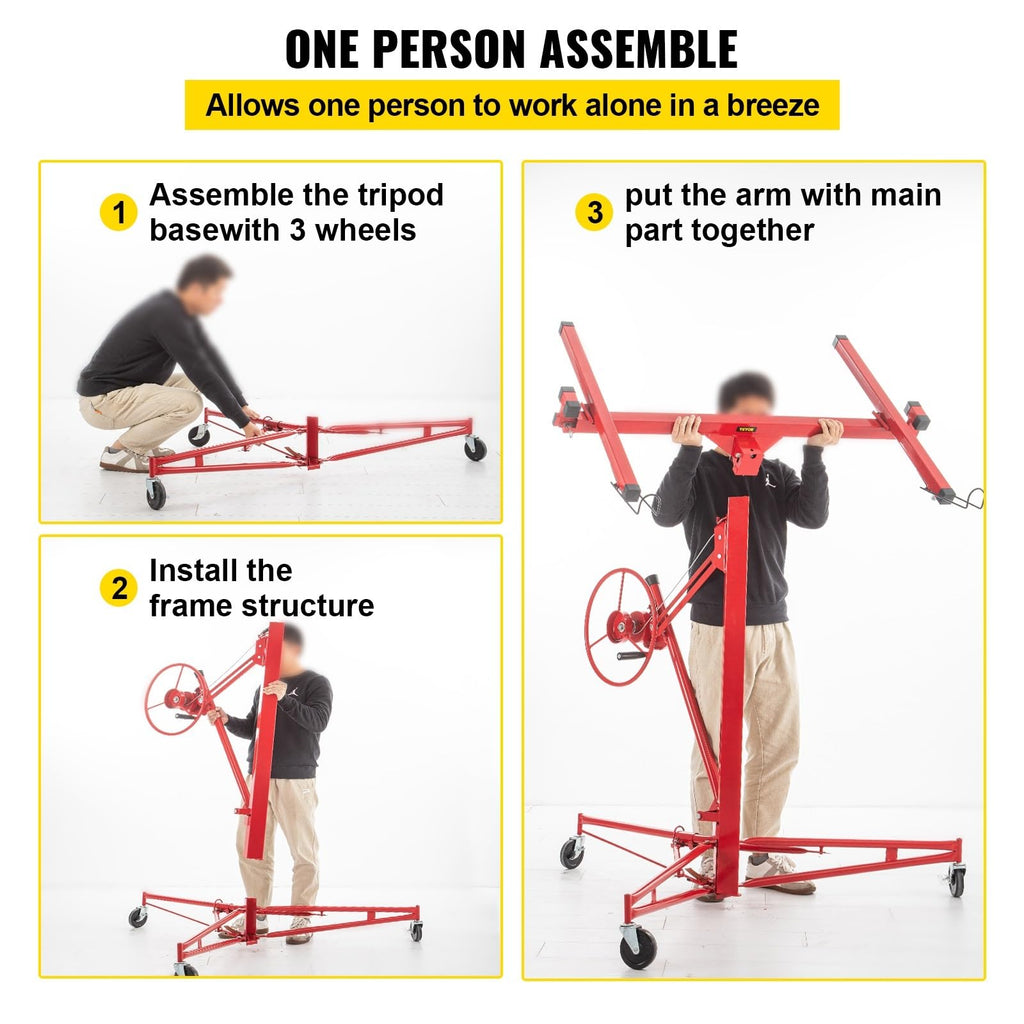 11FT Drywall Rolling Lifter with Lockable Wheels 150Lbs Capacity Heavy Duty Plasterboard Panel Tilting Hoist Jack Lifter