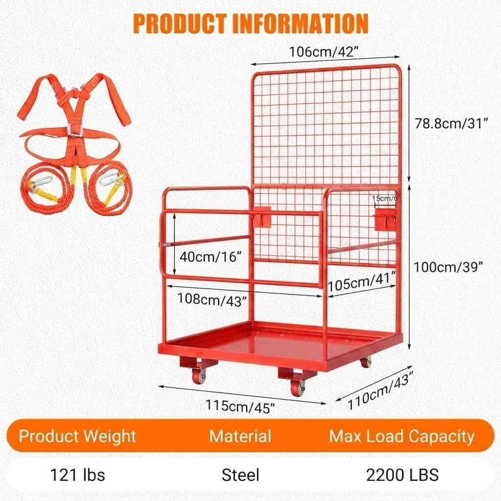 Garvee Industrial Steel Forklift Safety Cage – 1,400 lbs Capacity Man Basket with Collapsible Platform, Guardrails, Safety Harness & Wheels – Heavy-Duty Facility Barrier