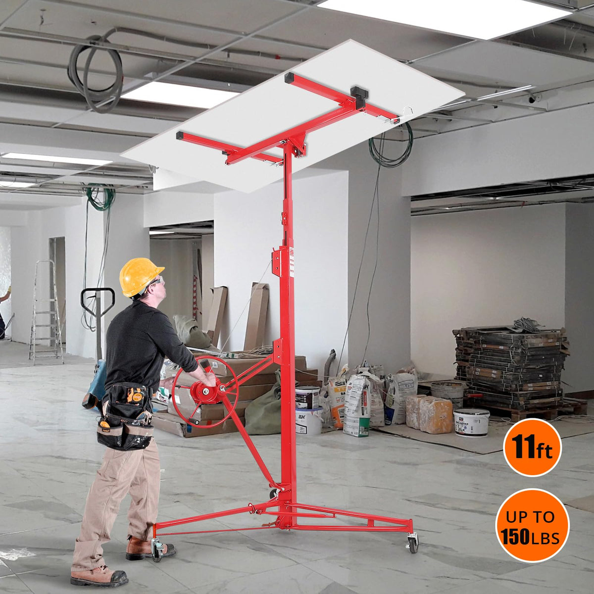 11FT Drywall Lift Sheetrock Lift, 150LBS Capacity Drywall Panel Hoist Jack, Heavy Duty Drywall Lifter for Home Improvement, with Adjustable Telescopic Arm & 3 Lockable Wheels, Red