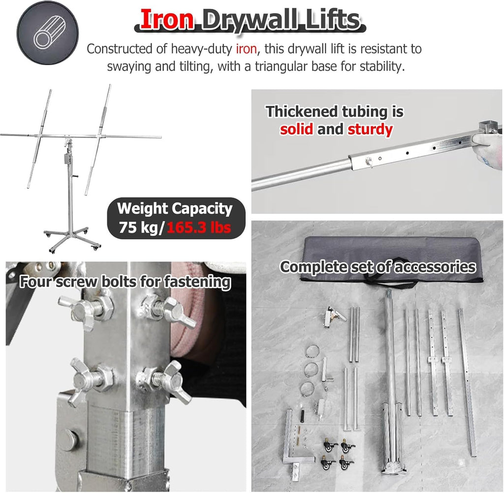 Drywall Panel Hoist Jack for Ceiling With 4 Lockable Wheels - 3.2m 3.8m Tall Sheetrock Lift Drywall Lift Heavy Duty for Home Improvement(H 3.8m/12.4ft+storage bag)