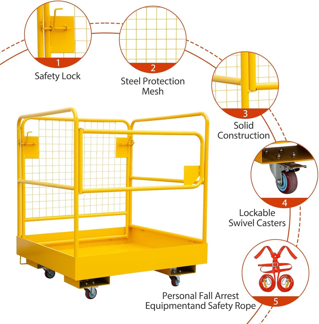 36"x 36" Forklift Safety Cage, Heavy Duty Forklift Man Basket Work Platform with 4 Wheels & Safety Harness, Collapsible Lift Aerial Platform for Lifting Loader, 1200 LBS Capacity