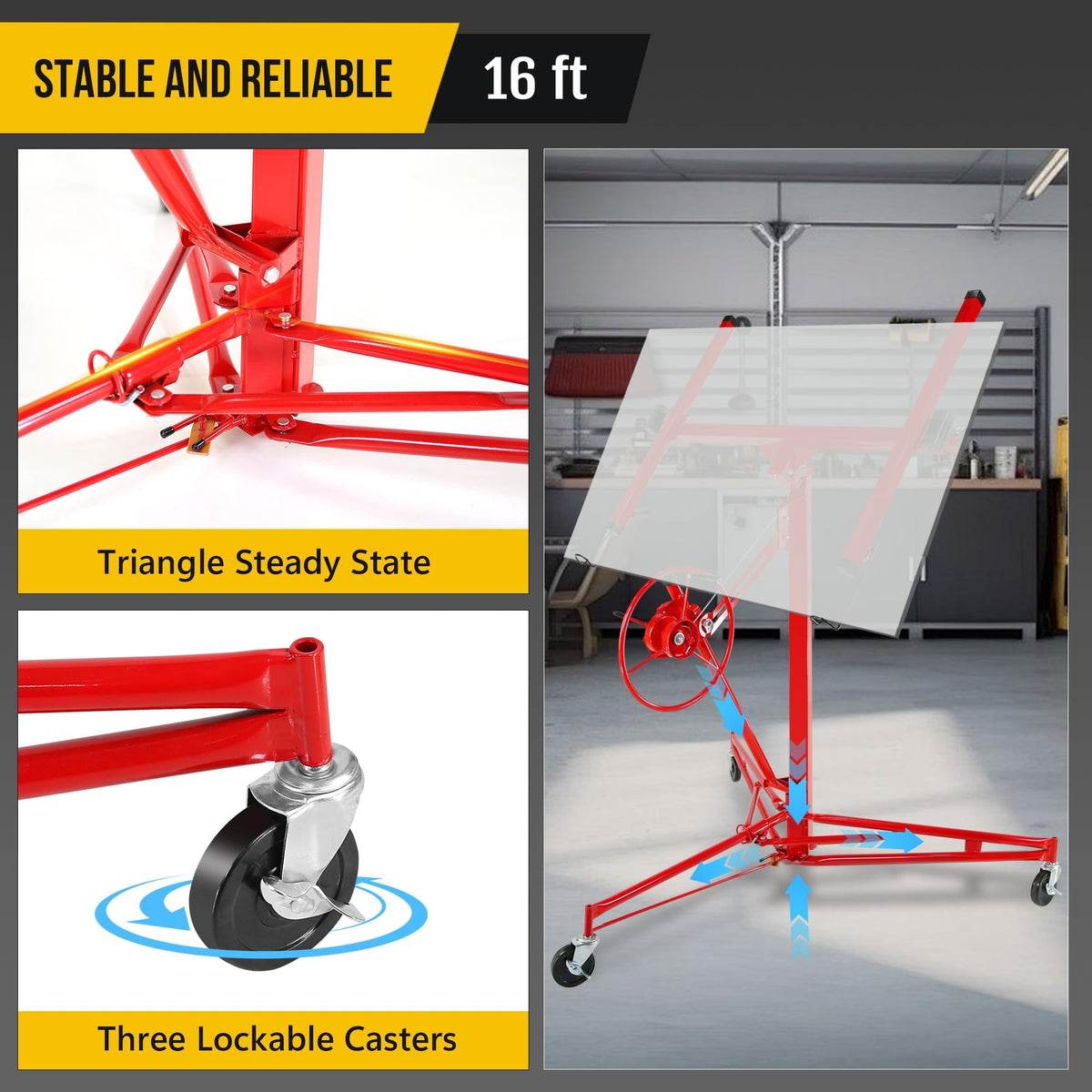 Heavy Duty 16FT Drywall Lift – 150 lbs Capacity Steel Sheetrock Hoist with Telescopic Adjustable Arm, Locking Wheels, One-Person Operation for Ceiling & Wall Installation, Red