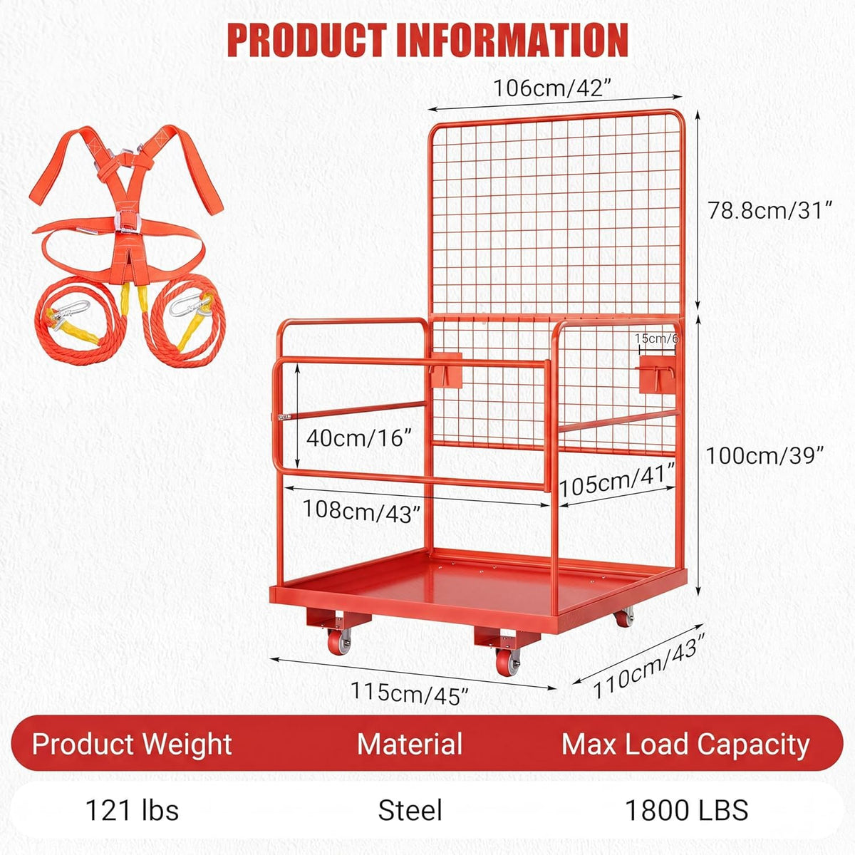 Forklift Safety Cage 43"x45", Heavy Duty Steel Man Basket, 2200lbs Load, Collapsible Work Platform, Safety Harness & Lock, 2-Man Collapsible Lift Basket for Facility Security and Loader Lifting