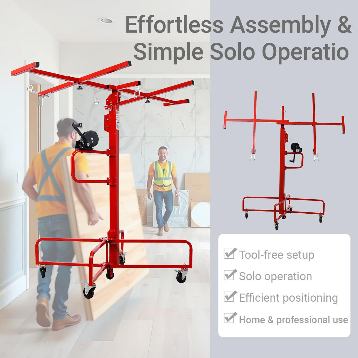 13Ft Drywall Lift Panel Hoist, 150lbs Capacity Sheetrock Lift Drywall Panel Hoist Tool, Drywall Lifter with 360° Adjustable Telescopic Arm & 4 Lockable Wheels (Red 13Ft)