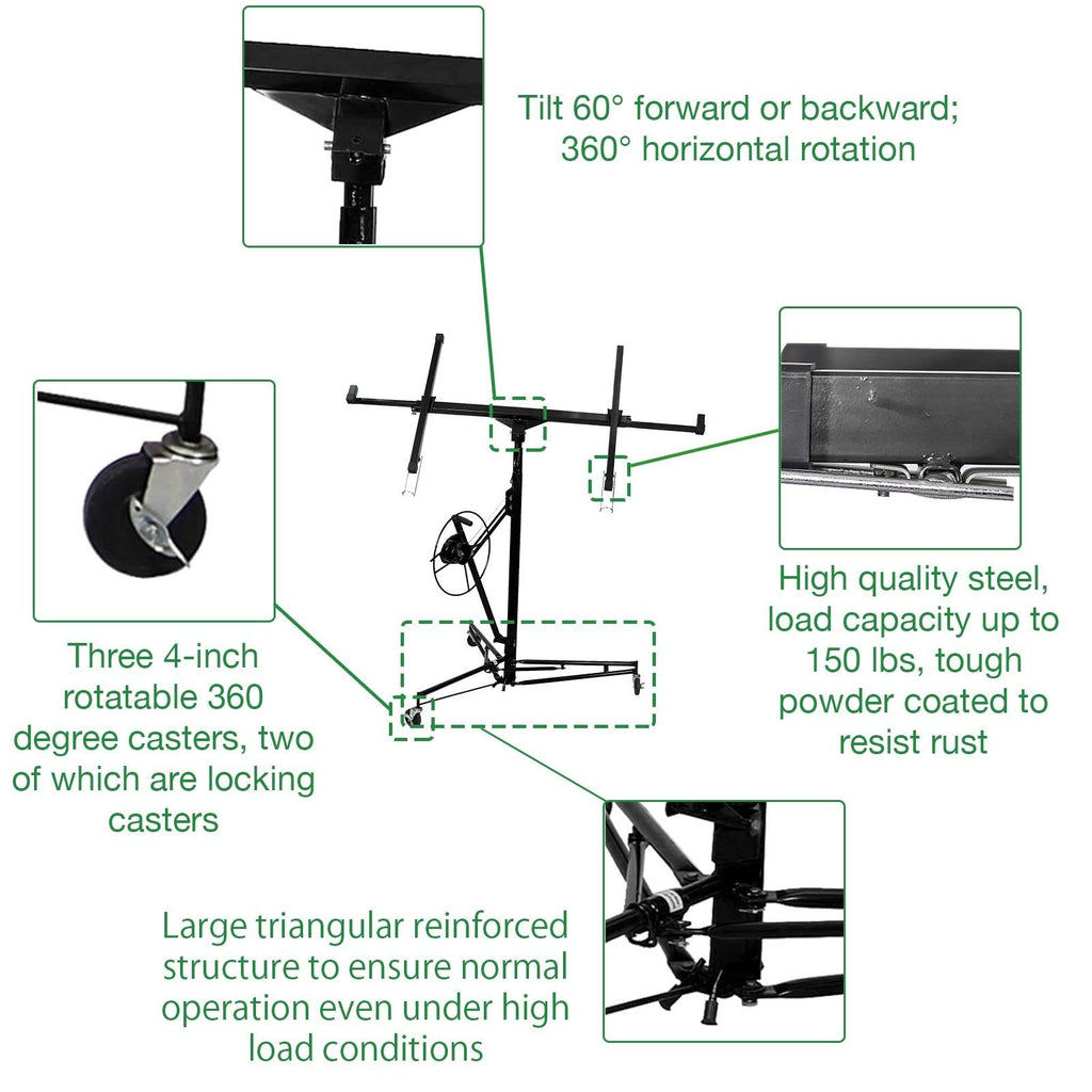 13' Drywall Lift Construction Tool, Rolling Panel Hoist with Adjustable Telescopic Arm, Lockable Caster Wheel Sheetrock Jack Lifter, Black