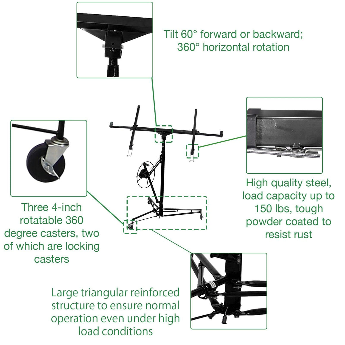 13' Drywall Lift Construction Tool, Rolling Panel Hoist with Adjustable Telescopic Arm, Lockable Caster Wheel Sheetrock Jack Lifter, Black