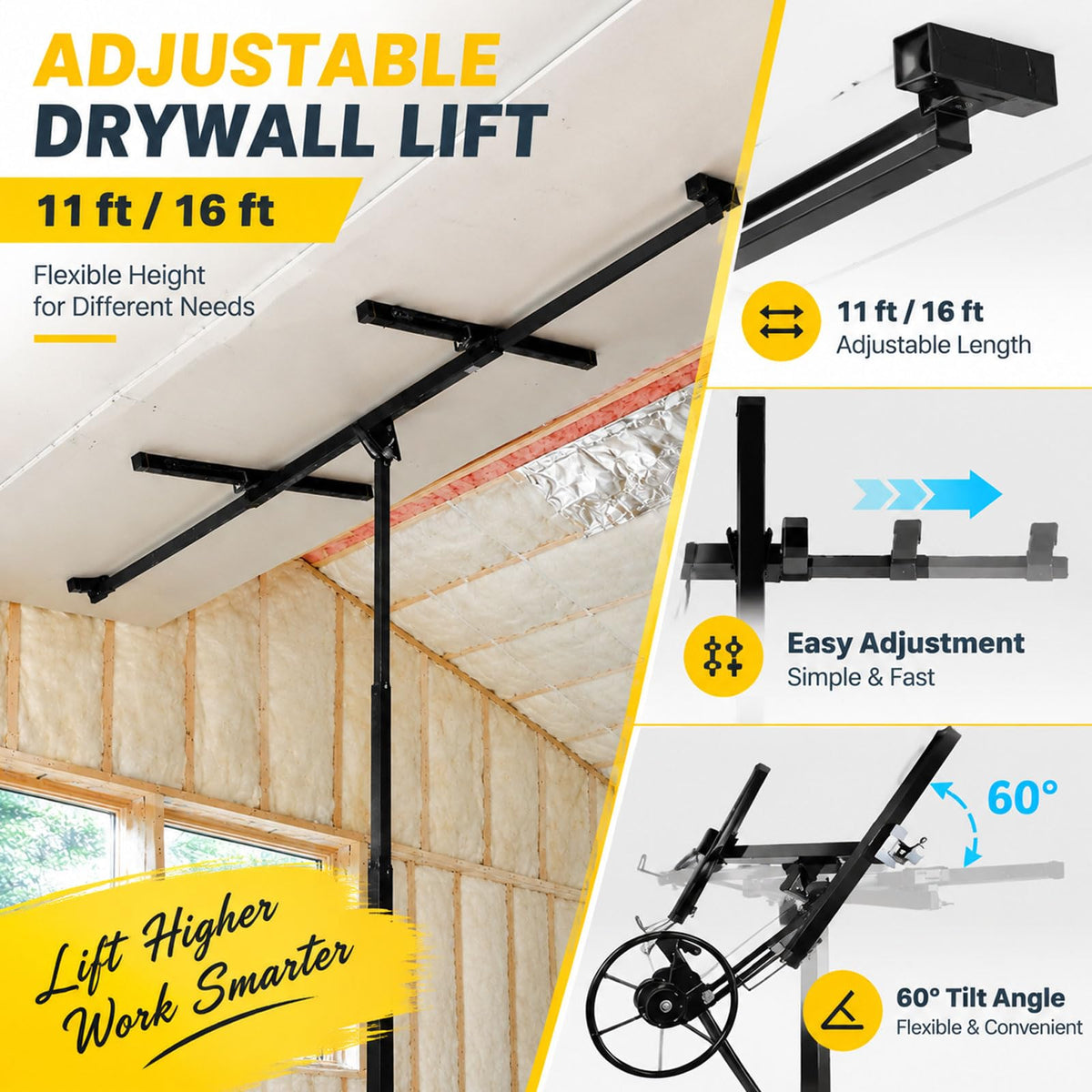 11 ft / 16 ft Drywall Lift, 150 Lbs Sheetrock Lift with Lockable Wheels